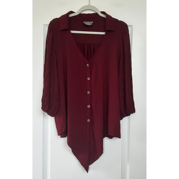 Anthropologie Vanessa Virginia Lenora Tie Front Top Size XL Maroon 3/4 Sleeve - Picture 2 of 11